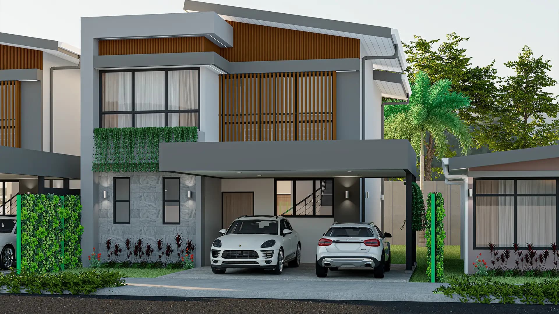 Vista frontal de la casa Modelo E-1 (dos pisos)